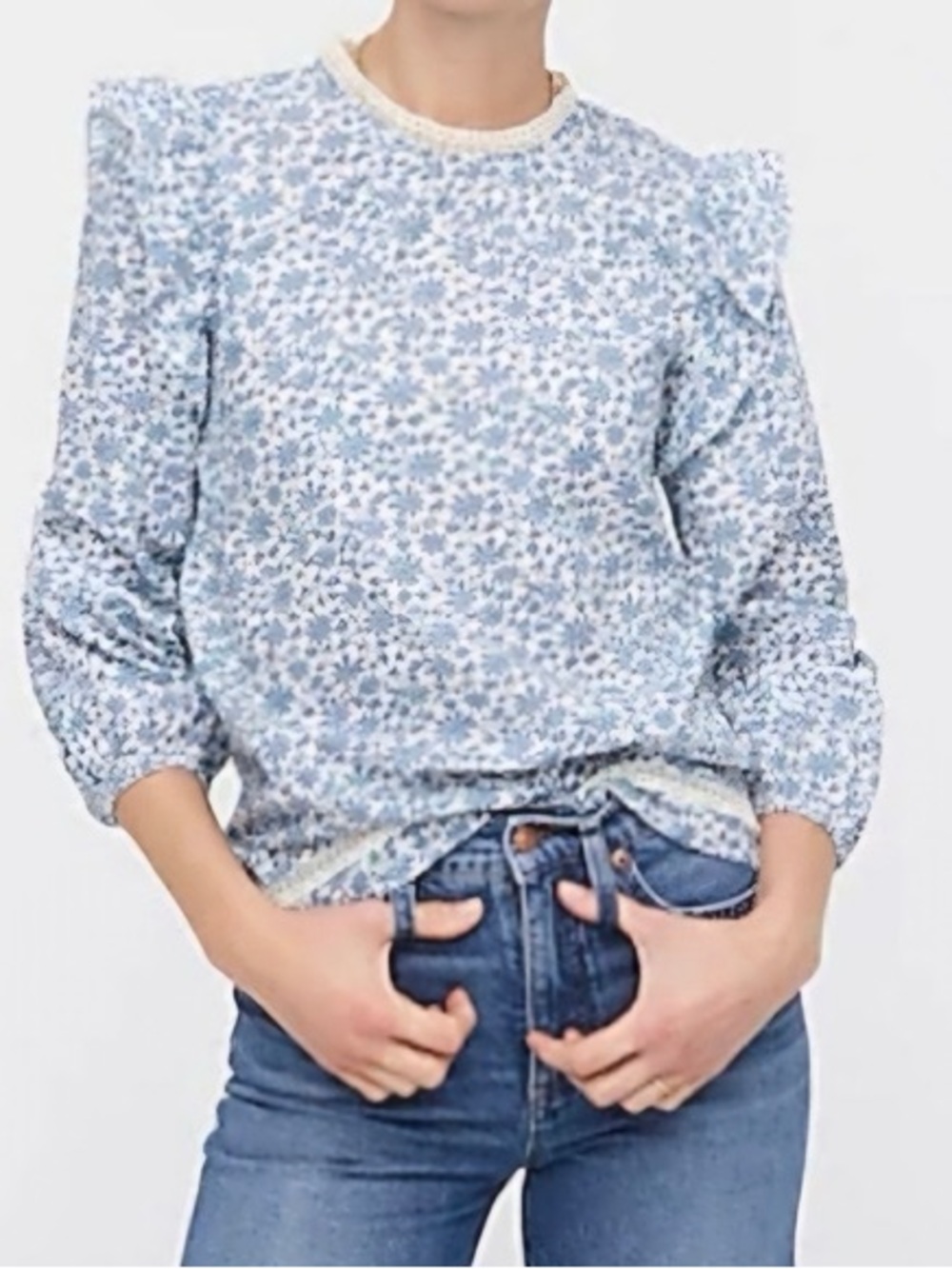 J.Crew Flutter Sleeve Shirt Shadow Floral Blue White Cotton Long Sleeve XL